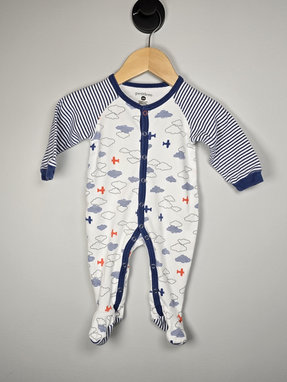 petit lem Navy & White Airplane Footed One-Piece